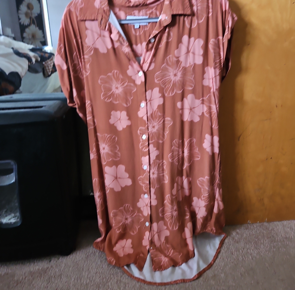 Rust Floral Button-Up Tunic Dress